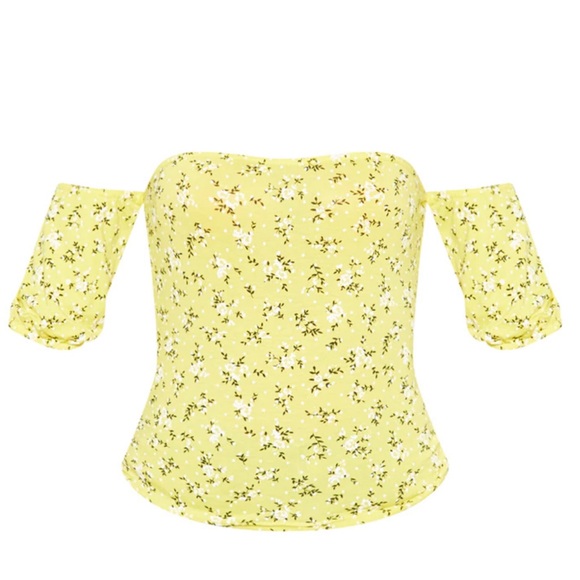 PrettyLittleThing Yellow Ditsy Floral Bardot Off Shoulder Top Shirr Blouse - Picture 8 of 10
